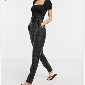ASOS Tall Leather Look Black Straight Leg Pants - Tie Waist